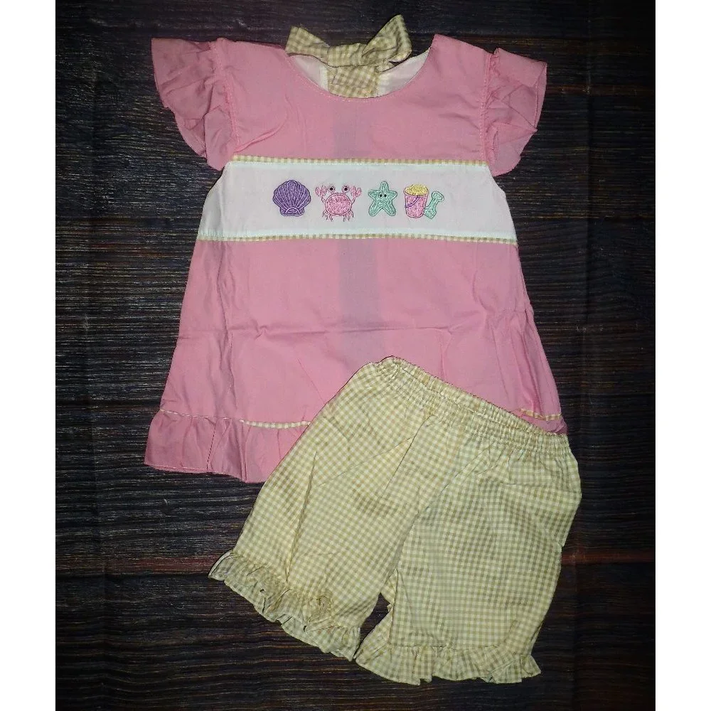 Boutique Beach Crab Seashells Girls Tunic & Shorts Outfit Set